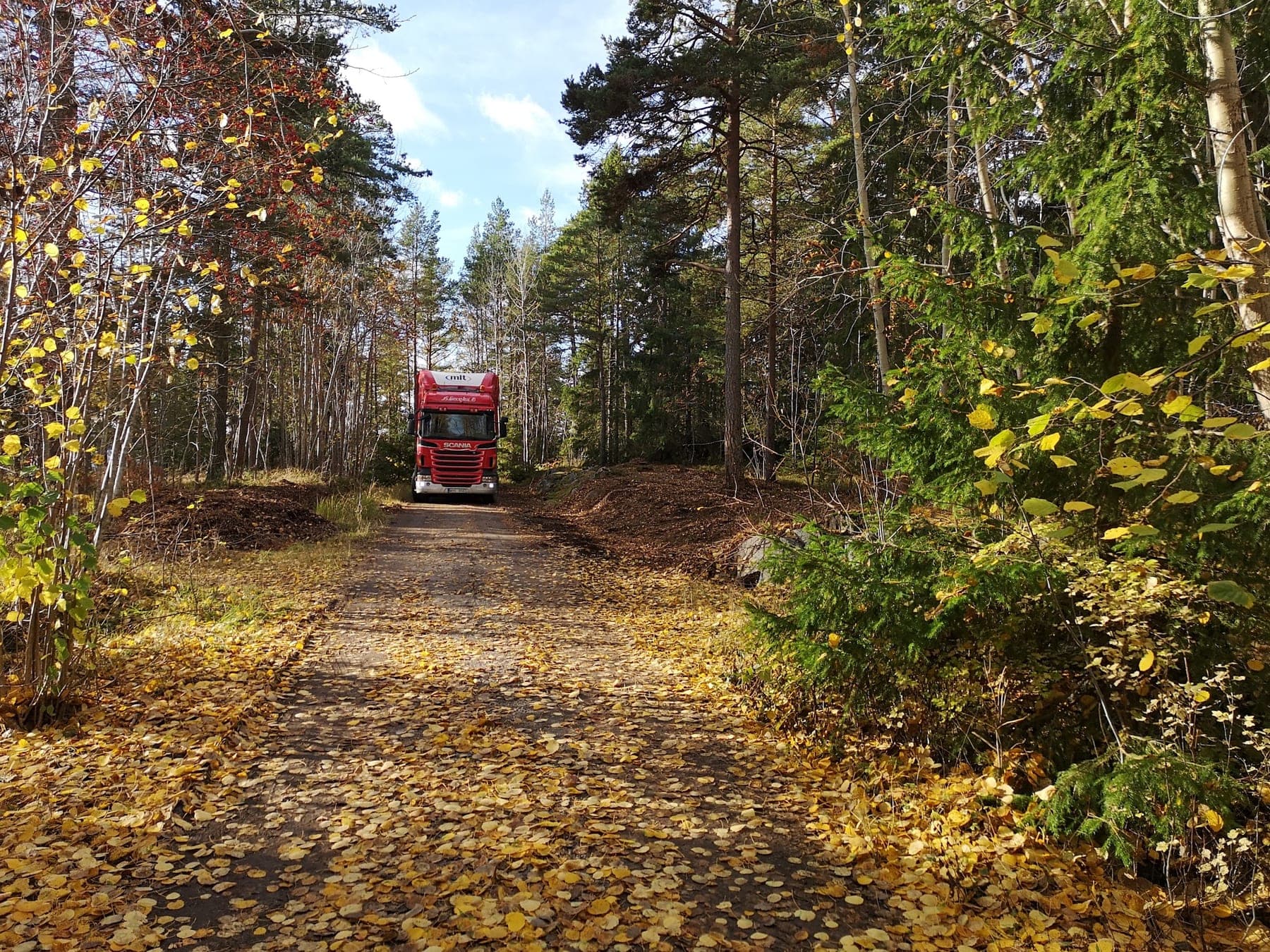 En av våra röda lastbilar på en grusväg genom höstskogen